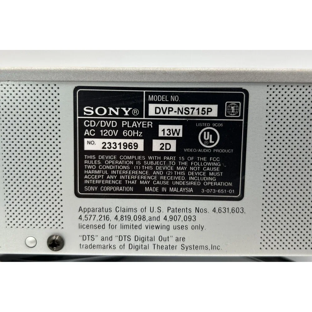 Sony DVP-NS715P CD/DVD Player Progressive Scan Silver Vintage No Remote